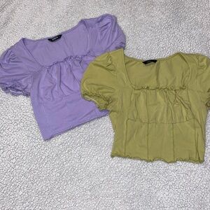 SHEIN Purple and Green Ruched Crop Blouse
